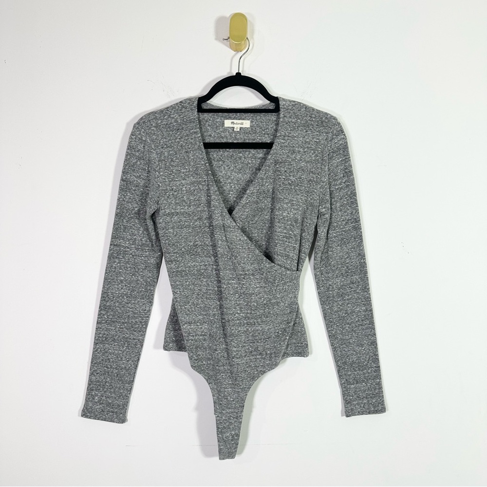 Madewell Heather Gray Long Sleeve V-Neck Wrap Thong Bodysuit Top